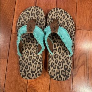 Gypsy Jazz Leopard Print Flip Flop Sandals with Aqua Terry Straps